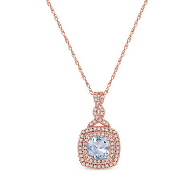 Aquamarine & Diamond Double Halo Pendant in 10k Rose Gold