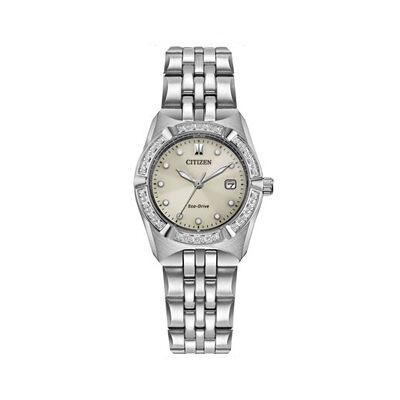 Citizen Ladies' Corso Taupe Dial  With Dial Bezel (24) Bracelet 28mm Diamond Watch in Stainless Steel EW2710-51X