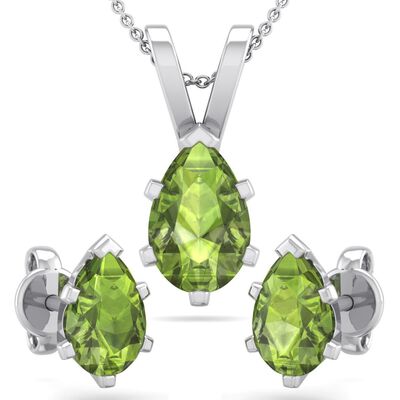Pear Peridot Necklace & Earring Jewelry Set in Sterling Silver