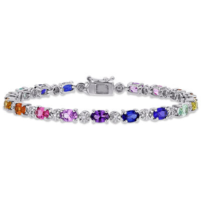Rainbow Created Sapphire & Diamond Oval Bracelet in Sterling Silver