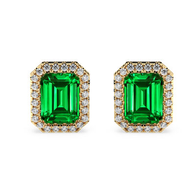 Emerald-Cut Created Emerald & Lab Grown Diamond Stud Earrings in 14k Yellow Gold