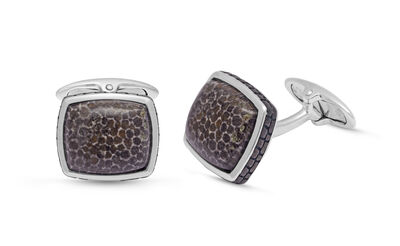 Fossil Agate Stone Cufflinks in Sterling Silver & Black Rhodium