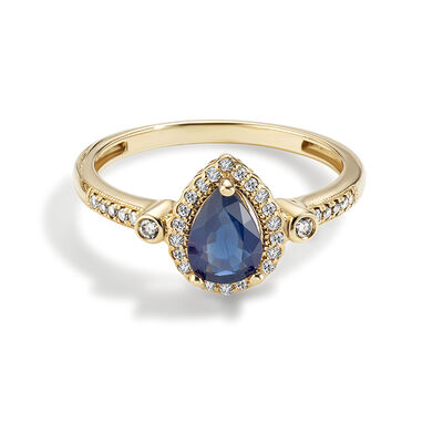 Pear Shape Sapphire and Diamond Ring 1/6ctw in 10k Yellow Gold