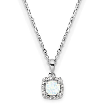 Cushion-Cut Created Opal & Diamond Halo Pendant in Sterling Silver