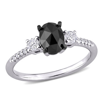 Black Diamond 3-Stone Engagement Ring in 14k White Gold