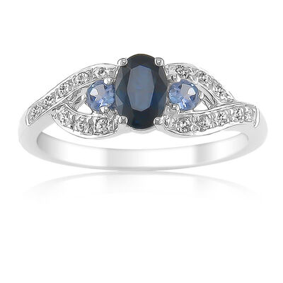 Blue Sapphire & Tanzanite Gemstone Diamond Ring in 10K White Gold