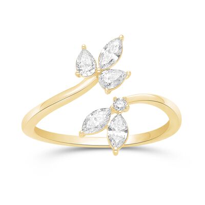 Pear-Shaped & Brilliant & Marquise-Cut .52ctw. Diamond Leaf Wrap Ring in 14k Yellow Gold