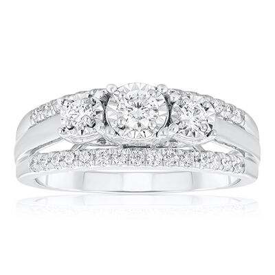 Brilliant-Cut .5ctw. Diamond Three-Stone Multi-Row Engagement Ring in 10k White Gold