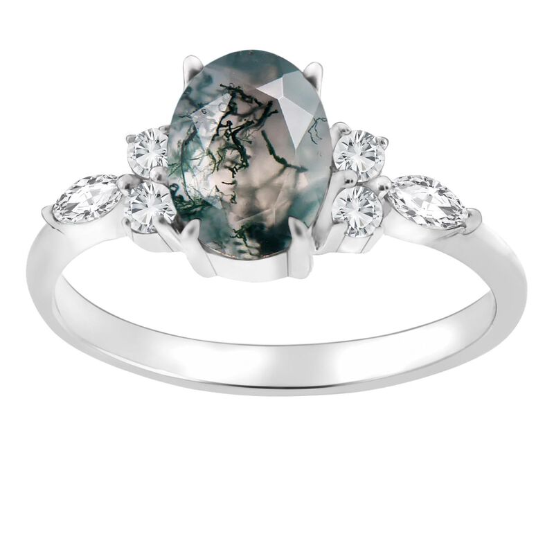 Oval-Cut Moss Agate with Created White Sapphire Ring in Sterling Silver image number null