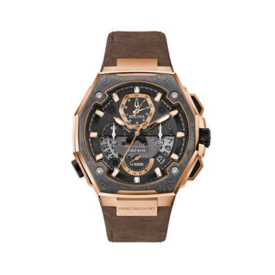 Bulova Men's Series X Precisionist RG Grey Damascus Bezel Black Dial Brown Leather Strap 45mm Watch 98B356