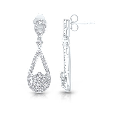 Brilliant-Cut 1.15ctw. Diamond Cluster Dangle Earrings in 14k White Gold