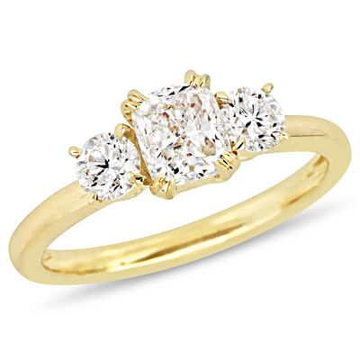 Three-Stone Cushion & Round 1 1/2ctw. Diamond Engagement Ring in 14k Yellow Gold