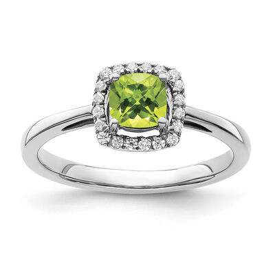 Cushion-Cut Peridot & Diamond Halo Ring in Sterling Silver