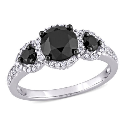 Brilliant-Cut 2ctw. Black and White Diamond 3-Stone Halo Engagement Ring Black Rhodium Plating in 10k White Gold