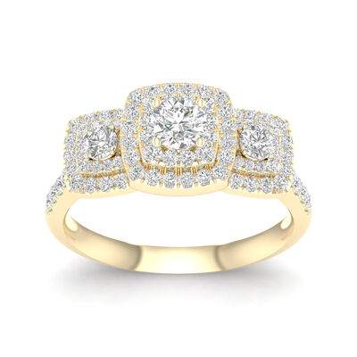Diamond 1ctw. Three-Stone Halo Engagement Ring in 14k Yellow Gold