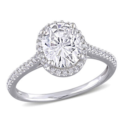 Oval-Cut Created Moissanite and Diamond Engagement Ring in 14k White Gold