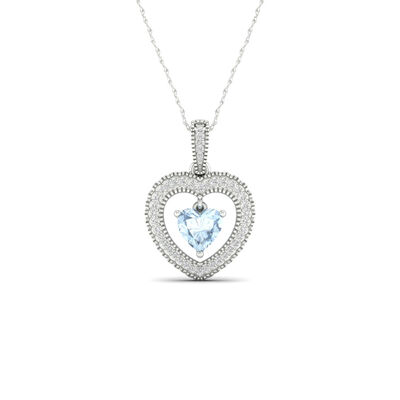 Aquamarine & Diamond Heart Pendant in 10k White Gold