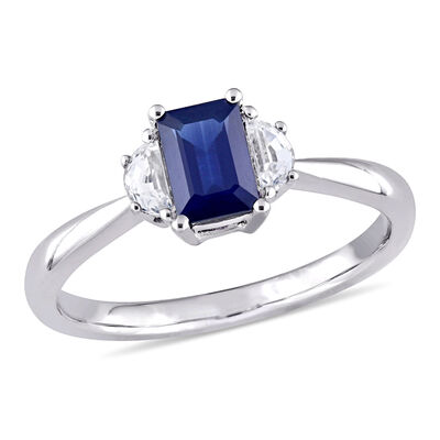 Three-Stone Emerald-Cut & Half Moon Sapphire Engagement Ring in 14k White Gold