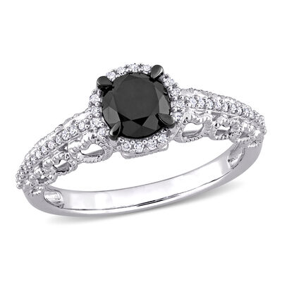 Brilliant-Cut 1 1/7ctw. Black and White Diamond Engagement Ring in Black Rhodium Plated 10k White Gold