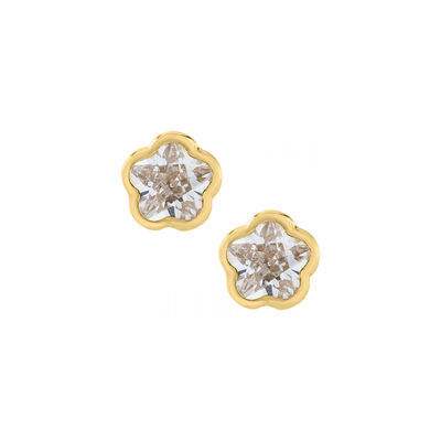 Flower Crystal Cross Baby Earrings in 14k Yellow Gold with Safety Backs