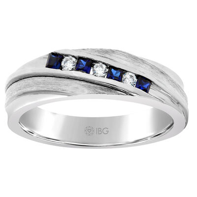 Men's Round Diamond & Princess-Cut Sapphire Ring in 10k White Gold