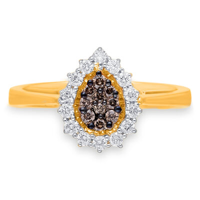 Champagne & White 1/3ctw. Diamond Pear-Shape Halo Ring in 14k Yellow Gold