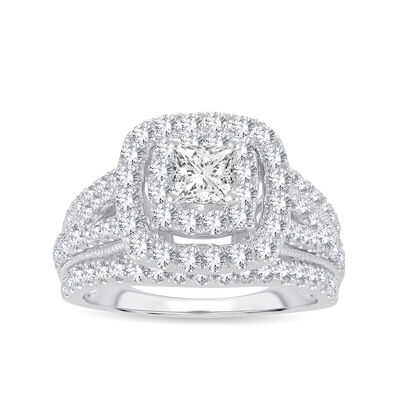 Lab Grown Princess-Cut Diamond 2ctw. Cushion Halo Engagement Ring in 10k White Gold