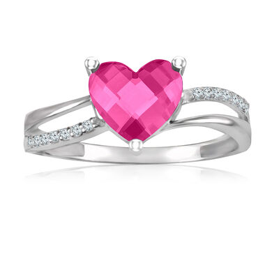 Heart-Shaped Created Pink Sapphire & Diamond Ring in Sterling Silver