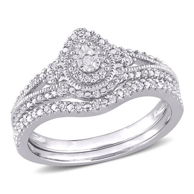 Brilliant-Cut 1/4ctw Diamond Pear Shaped Cluster Bridal Set in Sterling Silver