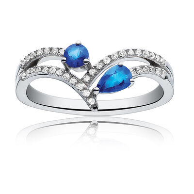 Sapphire & Diamond Chevron Ring in 10k White Gold