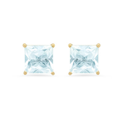 Princess-Cut Aquamarine Solitaire Stud Earrings in 14k Yellow Gold