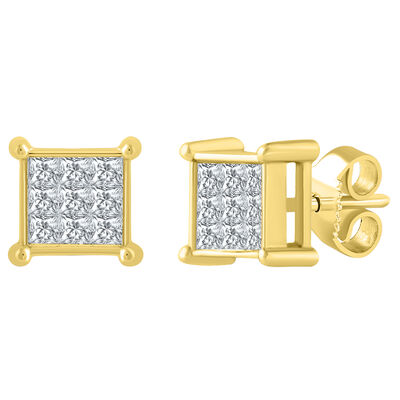 Princess-Cut 1/2ctw. Diamond Square Cluster Studs in 10k Yellow Gold