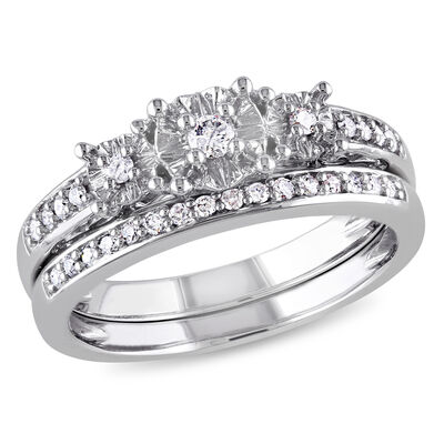 Brilliant-Cut 1/4ctw 3-Stone Diamond Bridal Set in 10k White Gold