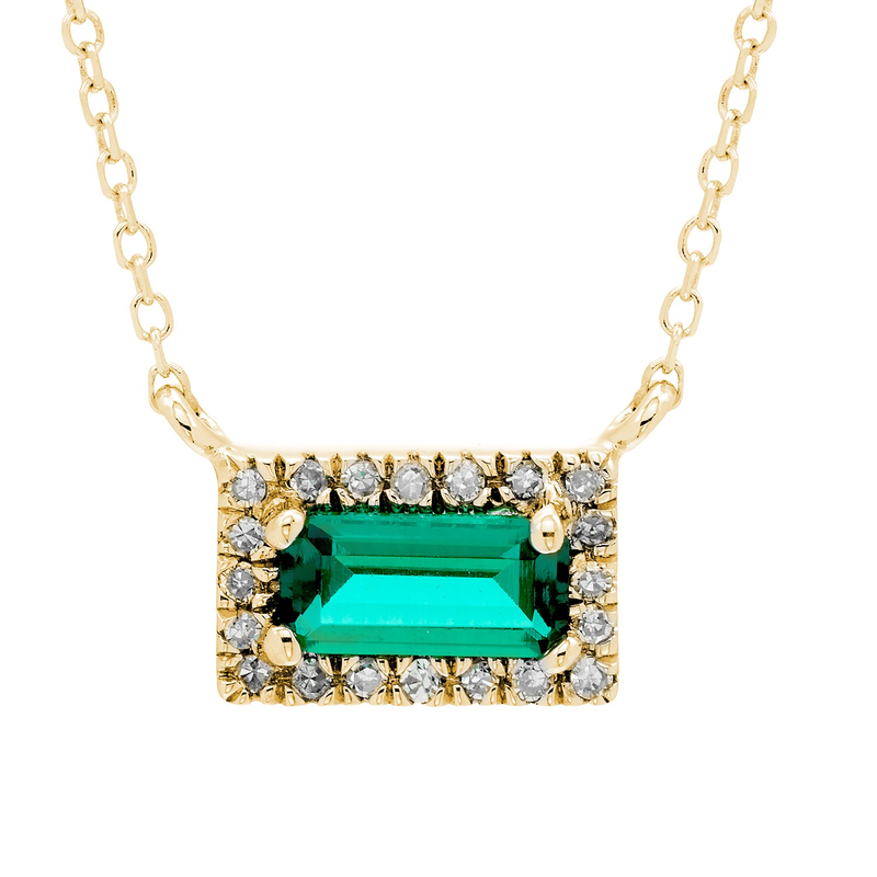 Baguette- Cut Emerald & Diamond East West Necklace in 10k Yellow Gold image number null