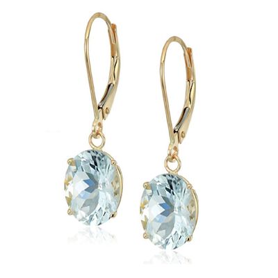 Aquamarine Oval Dangle Leverback Earrings in 14k Yellow Gold