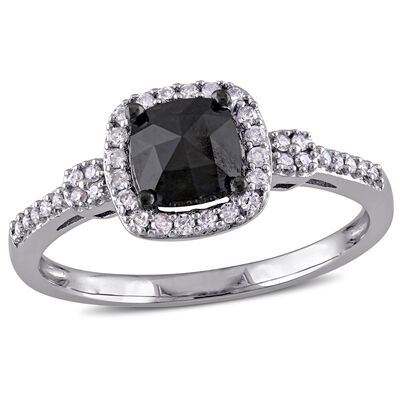 Cushion-Cut 1ctw. Black & Brilliant-Cut White Diamond Engagement Ring in 14k White Gold