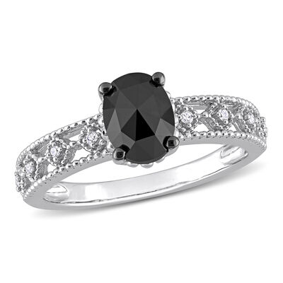 Oval-Cut 1ctw. Black and White Diamond Vintage Engagement Ring in Black Rhodium Plated 10k White Gold