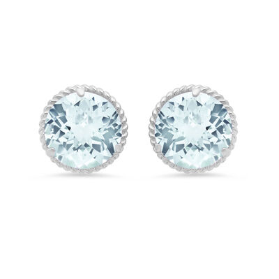 Aquamarine Roped Halo Stud Earrings in 14k White Gold