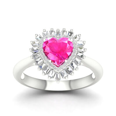 Created Pink & White Sapphire Heart Halo Ring in Sterling Silver