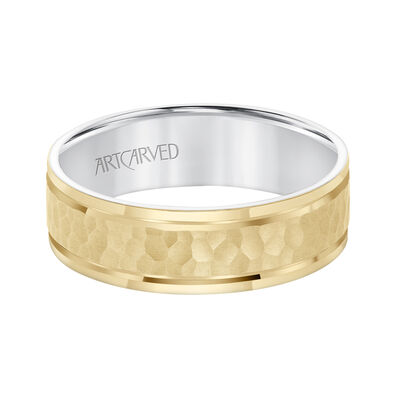 Men's ArtCarved® Hammered Detail Wedding Band in 14k White & Yellow Gold