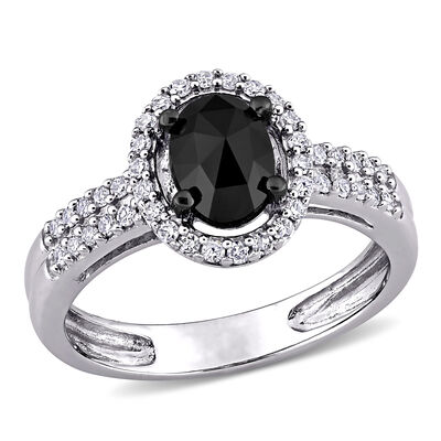 Oval-Cut 1ctw. Black and White Diamond Halo Engagement Ring in 14k White Gold