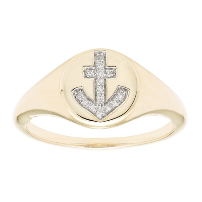 Diamond Anchor Signet Ring  in 14k Yellow Gold