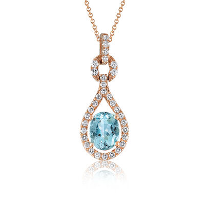 Oval Aquamarine & Diamond Halo Pendant in 10k Rose Gold