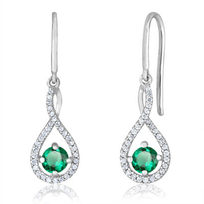 Emerald Twist Dangle Infinity Diamond Earrings in Sterling Silver