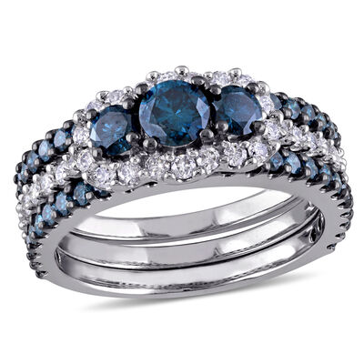 Round-Cut 2ctw. Blue Diamond 3-Stone Bridal Set in 10k White Gold