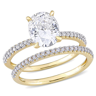 Oval-Cut 2ct. Created White Moissanite and 1/4ctw. Diamond Bridal Ring Set in 14k Yellow Gold