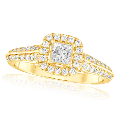 Princess-Cut 5/8ctw. Diamond Halo Double Row Engagement Ring in 14k Yellow Gold
