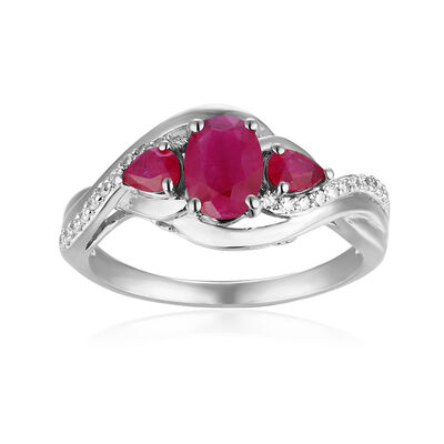 Oval Three-Stone Plus Ruby & Diamond Ring in 10k White Gold
