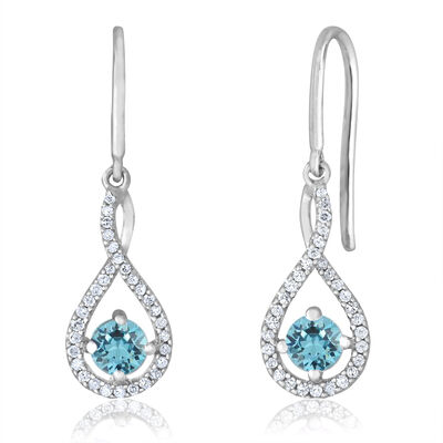 Aquamarine Twist Dangle Infinity Diamond Earrings in Sterling Silver