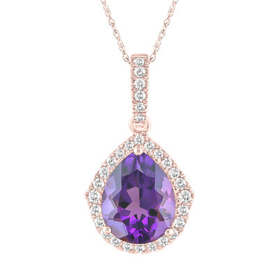 Amethyst & Diamond Pear Pendant in 10k Rose Gold